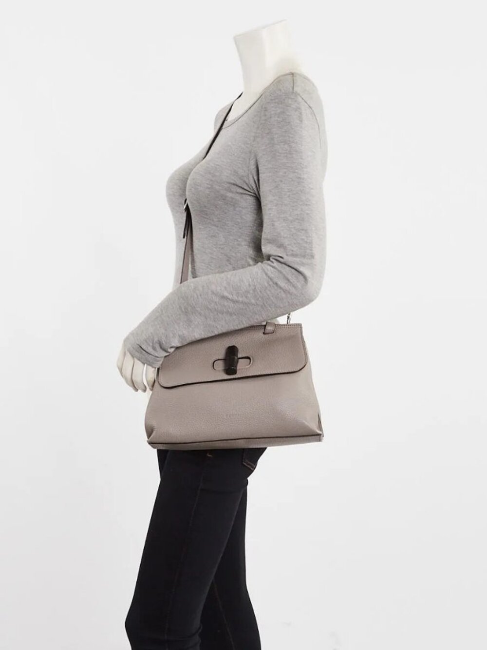 Gucci Grey Pebbled Leather Bamboo Small Daily Top Handle Bag